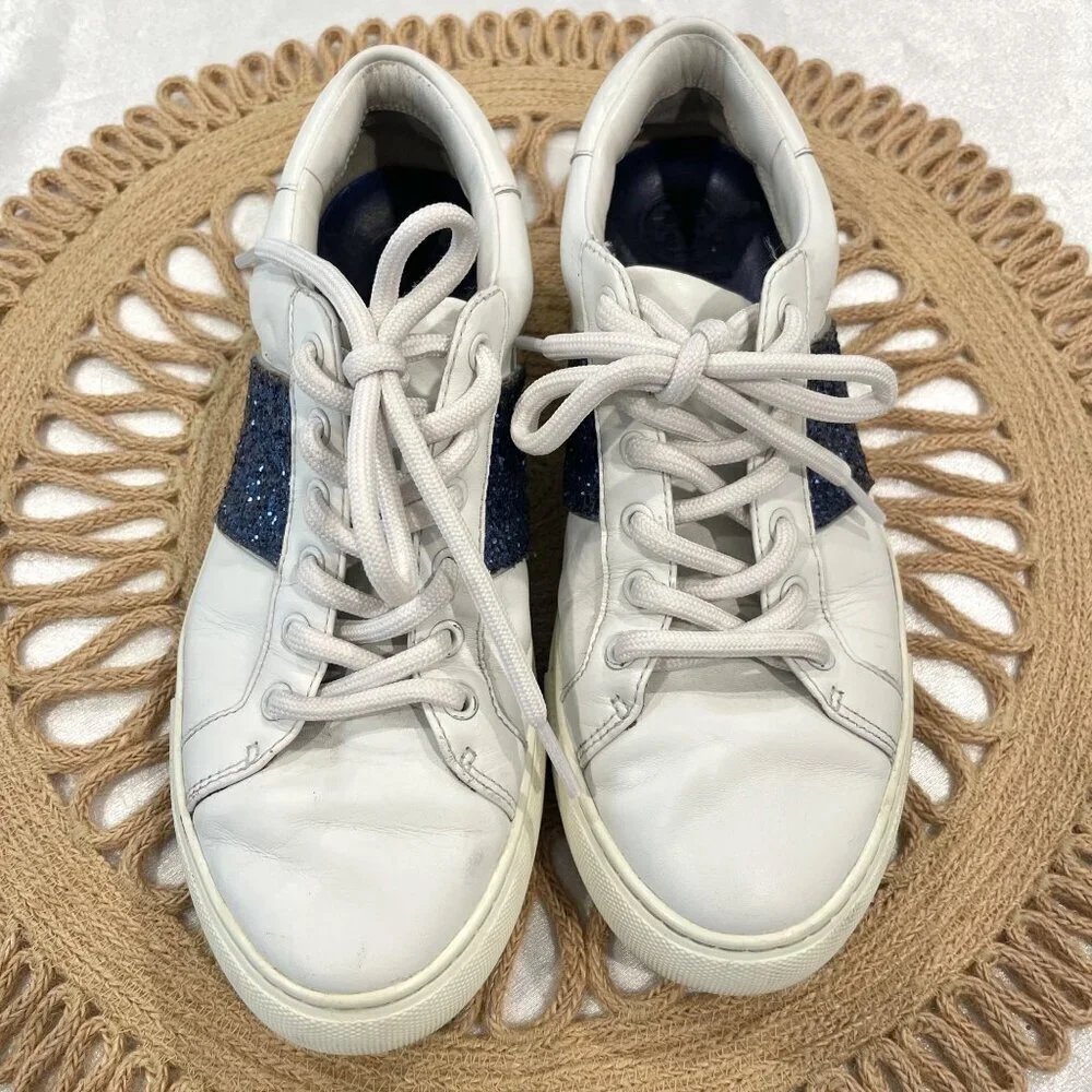 Tory Burch Carter Glitter Sneaker Women's Size 7M Lace Up White Blue